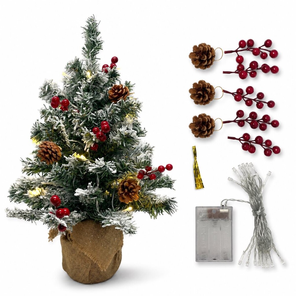 ARBOL DECORADO NEVADO C/ LUCES BASE ARPILLERA 50CM. 