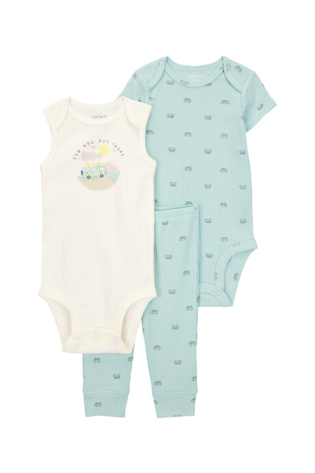 Set tres piezas de algodón, pantalón y dos bodies, diseño combis Set tres piezas de algodón, pantalón y dos bodies, diseño combis