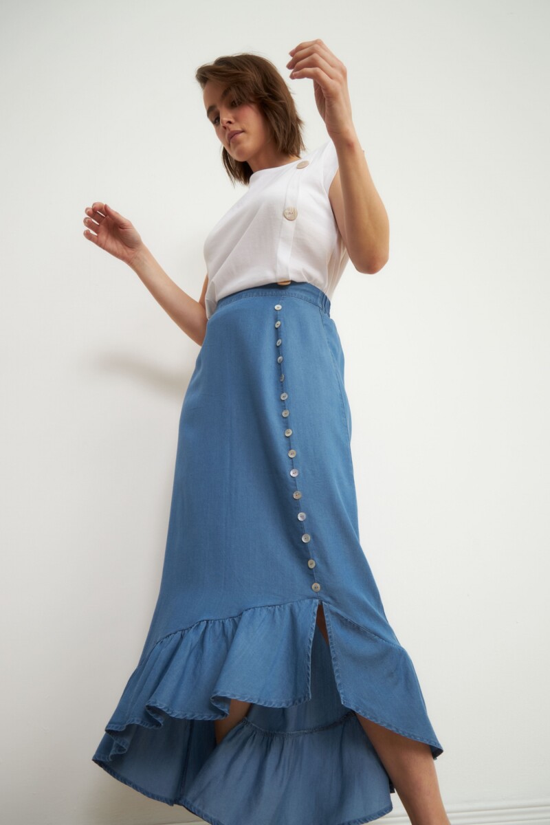 Falda de lyocell con volado jean medio