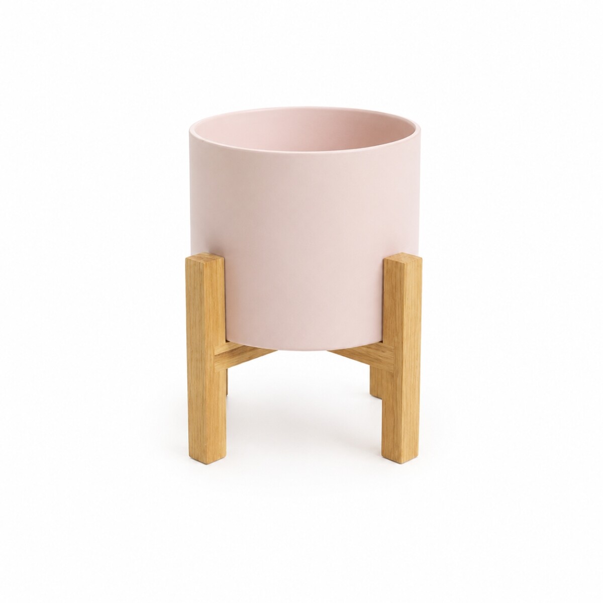 MACETA CERÁMICA M CON SOPORTE DE MADERA - ROSA 