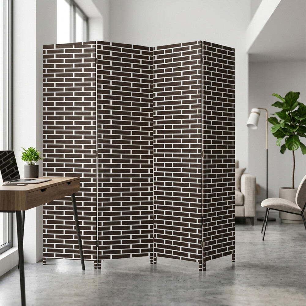 Biombo Boho Nhome 4 Paneles Madera Ratán Clásico Marrón con blanco