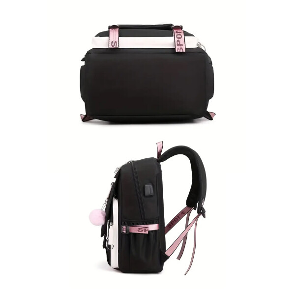 Mochila Impermeable Kawaii Estilo Coreano Notebook Usb Variante Color Negro Y Blanco