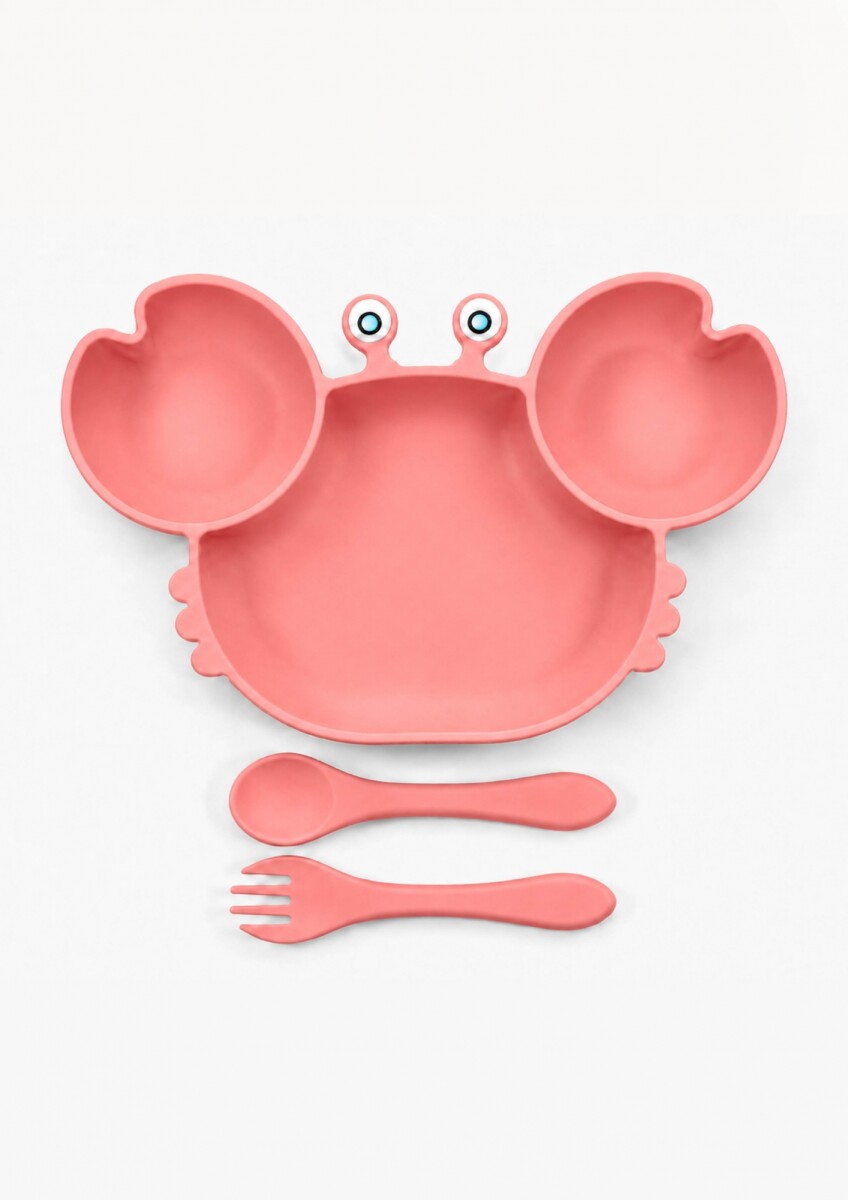Set de plato infantil de silicona con diseño de cangrejo - Rosado 