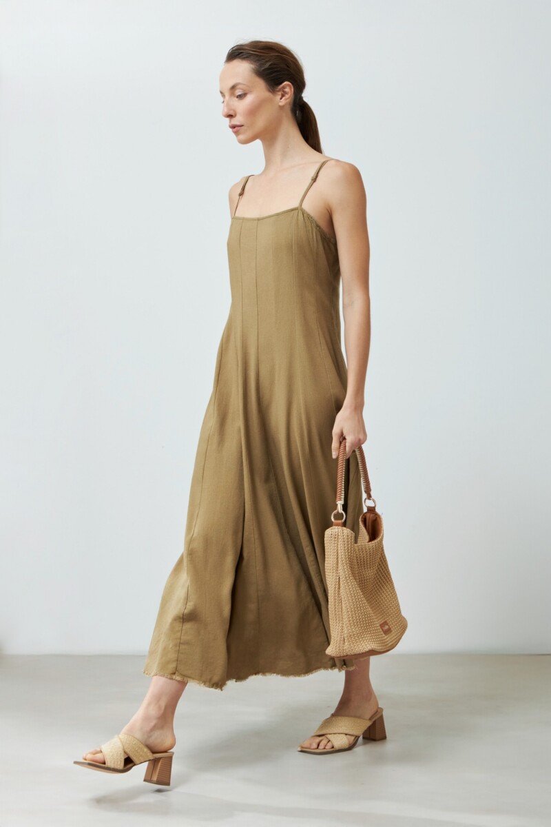 Vestido de lino bretel fino con cortes - verde oliva 