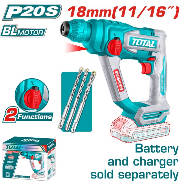 Rotopercutor 20v sin carbones sin bateria sin cargador + set de 3 brocas total TRHLI20188 Rotopercutor 20v sin carbones sin bateria sin cargador + set de 3 brocas total TRHLI20188