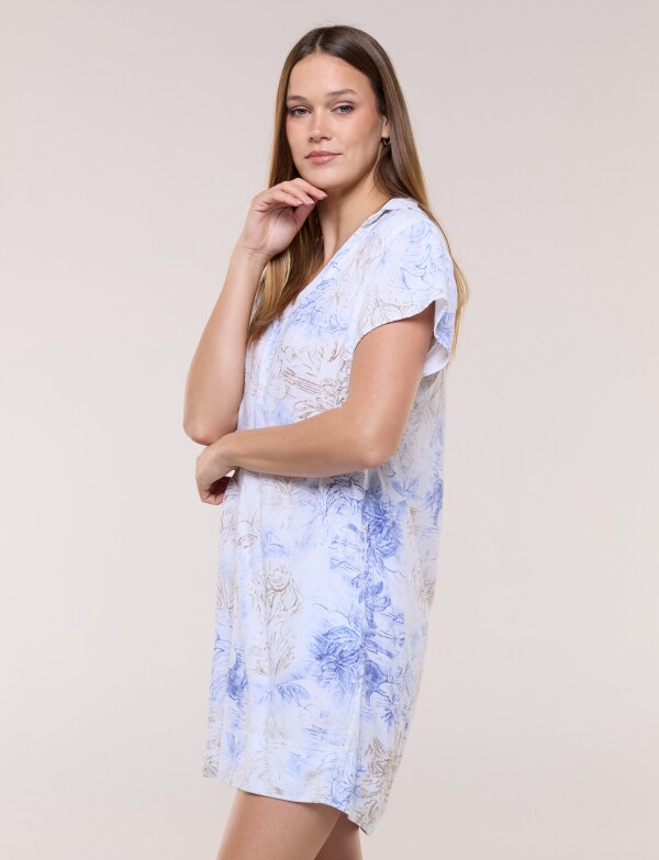 Vestido Corto Lino Cuello Camisa MULTI/CELESTE
