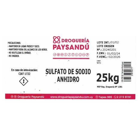 Sulfato de sodio anhidro 25 kg