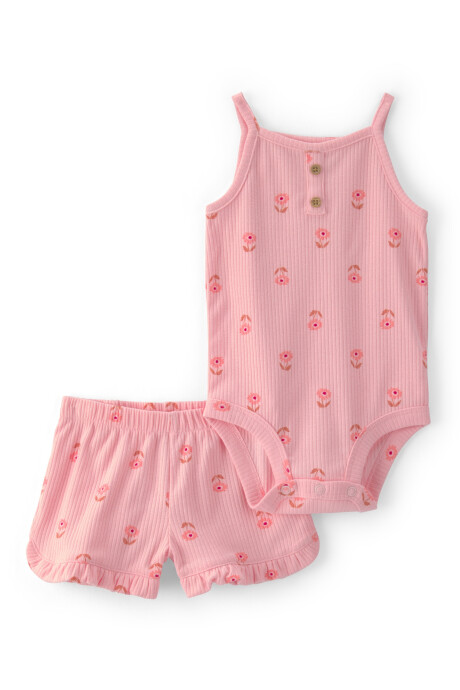 Set dos piezas de algodón acanalado, short y body, rosado, diseño floral Sin color