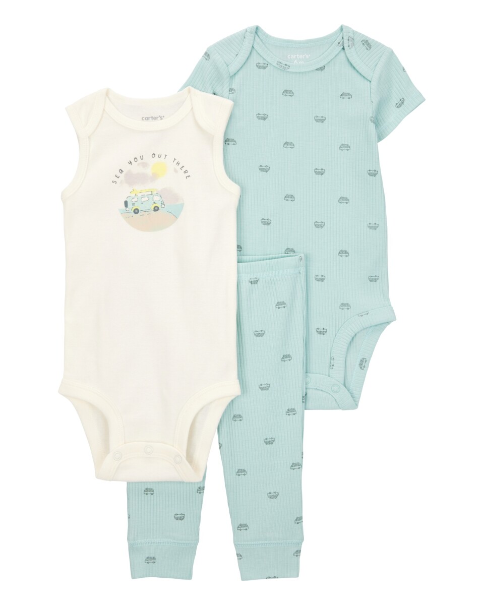Set tres piezas de algodón, pantalón y dos bodies, diseño combis 