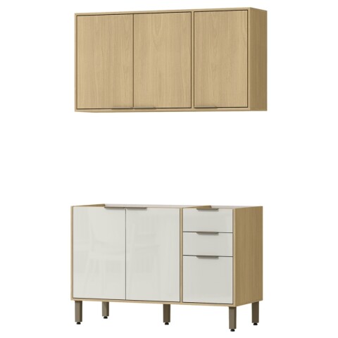 Cocina Modular Gloria Bajo Mesada 3 Puertas 2 Cajones y Aéreo 3 Puertas y Estantes MDP 15mm - Castaño / Off White Cocina Modular Gloria Bajo Mesada 3 Puertas 2 Cajones y Aéreo 3 Puertas y Estantes MDP 15mm - Castaño / Off White