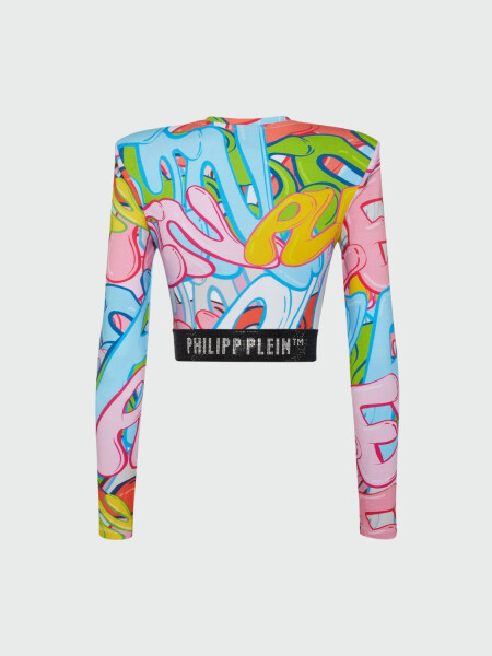 PHILIPP PLEIN - top corto manga larga con hombreras y graffiti Estampado