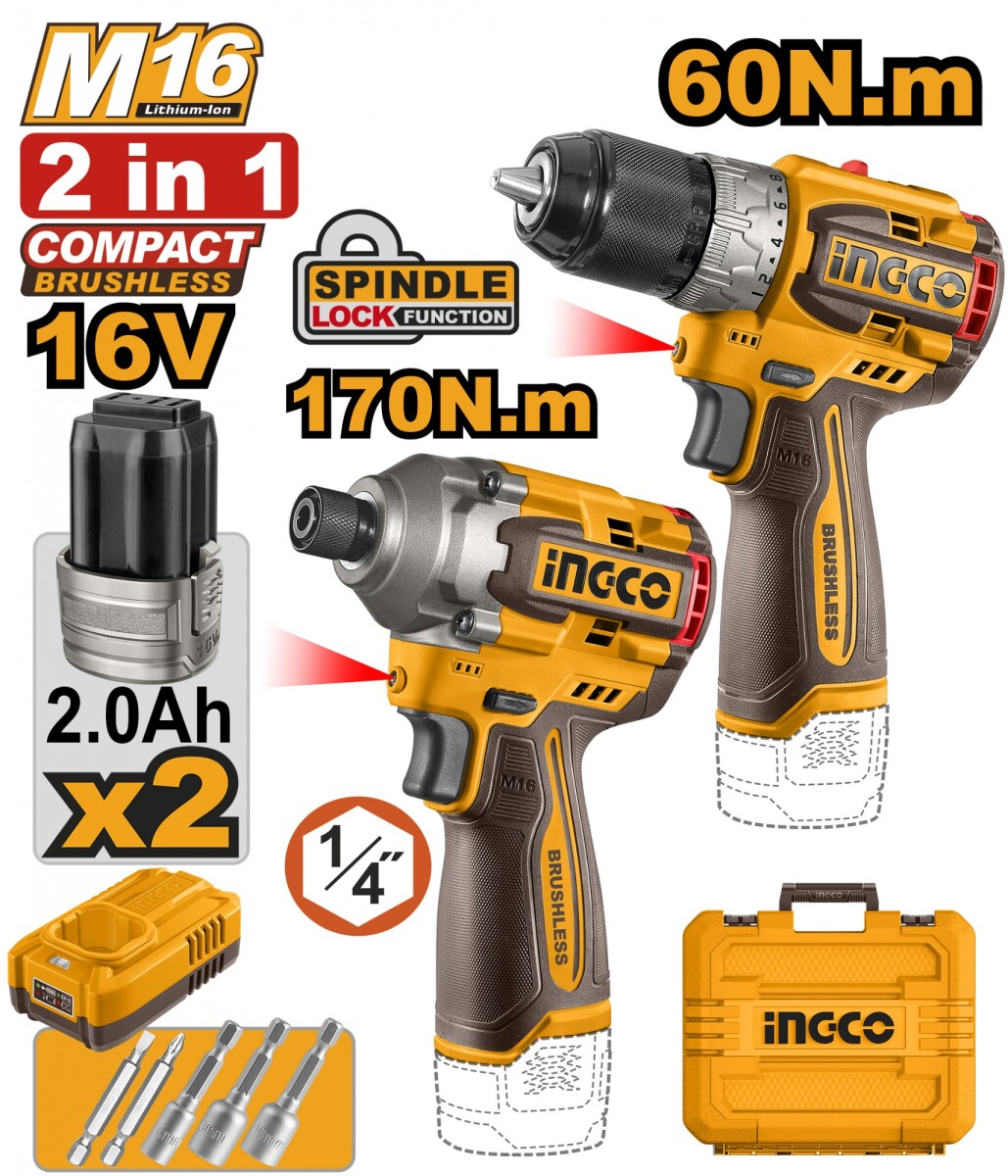 KIT A BATERIA M16 16V TALADRO ATORNILLADOR 60NM + ATORNILLADOR DE IMPACTO 170NM 