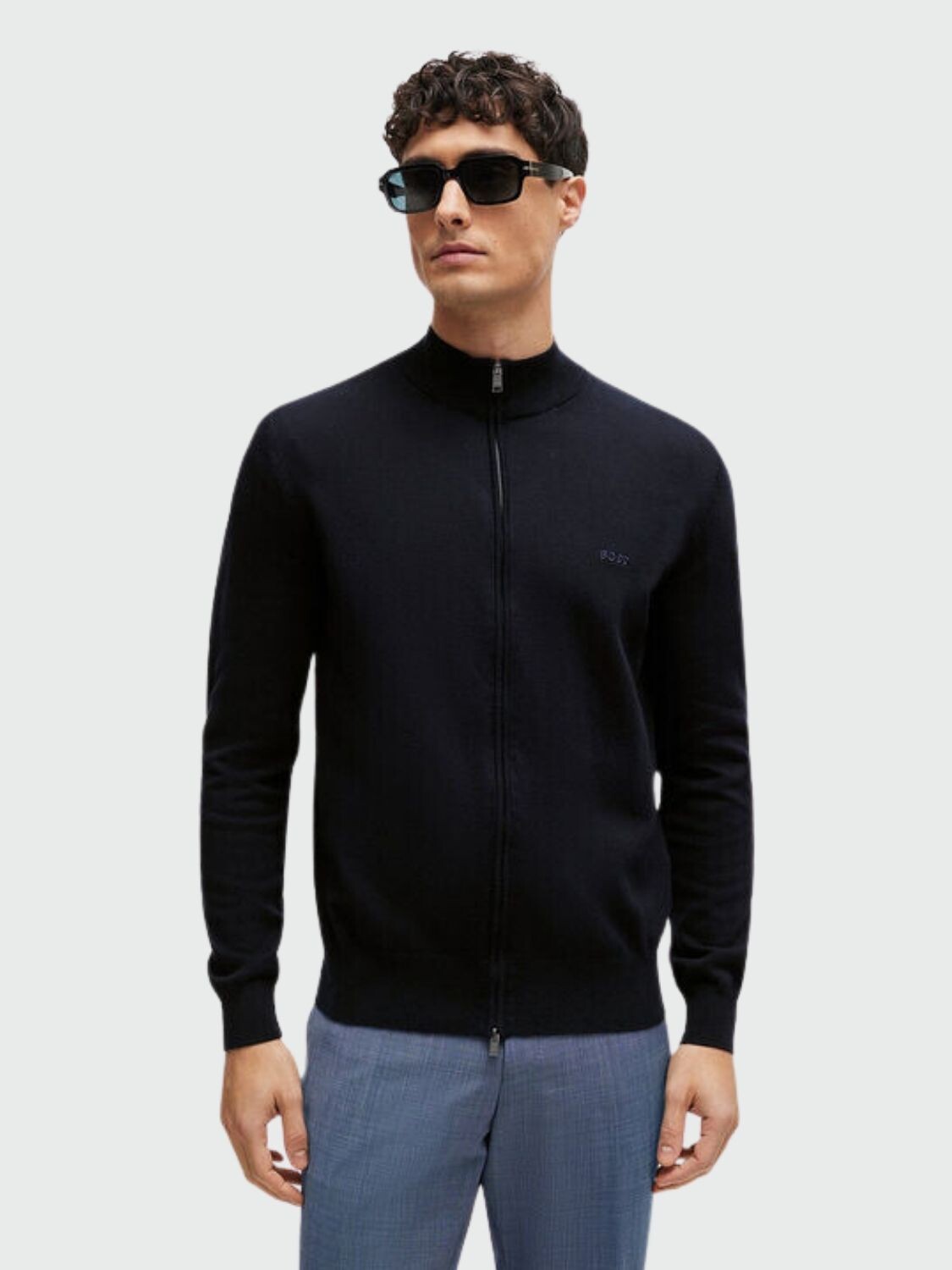 BOSS Black - Cárdigan Algodón Cierre Cremallera y Logo Azul Oscuro