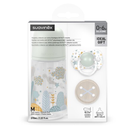 Pack Suavinex Dreams con Mamadera Chupete Fisiológico SX Pro y Broche de Cinta Verde Pack Suavinex Dreams con Mamadera Chupete Fisiológico SX Pro y Broche de Cinta Verde