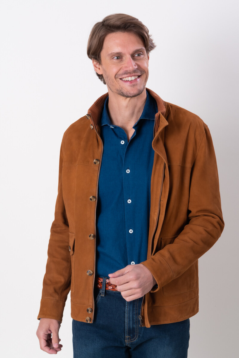 Campera Rib Collar en gamuza - Cognac 