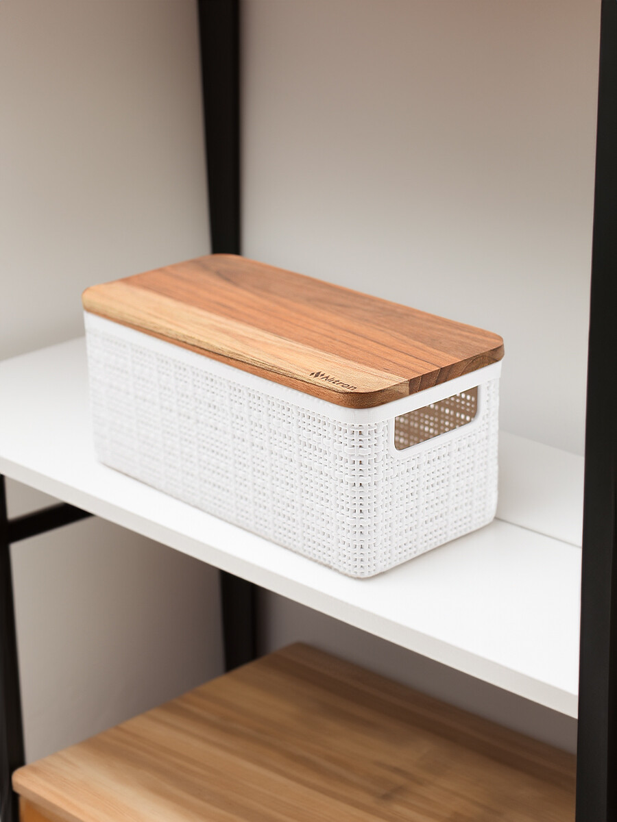 CESTA PLÁSTICA YUTE CON TAPA MADERA - BLANCO 