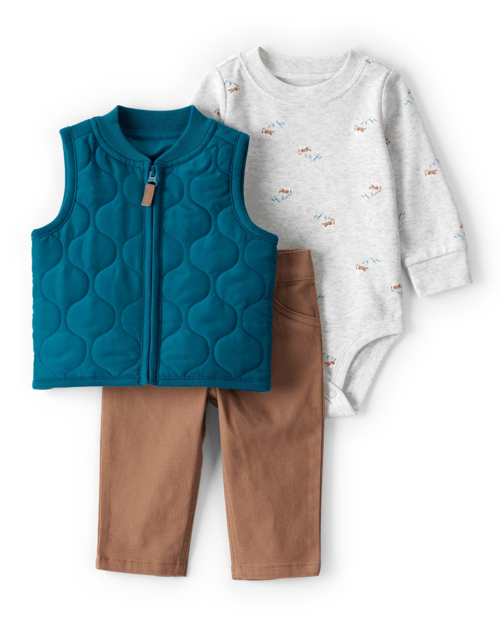Set tres piezas, chaleco capitoneado azul, pantalón y body de algodón Sin color
