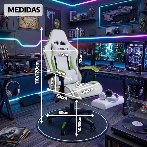 Silla Gamer Ergonomica Escritorio Reclinable con Apoyapies Soporta 200kg IMBACK Color Blanco y Verde Silla Gamer Ergonomica Escritorio Reclinable con Apoyapies Soporta 200kg IMBACK Color Blanco y Verde