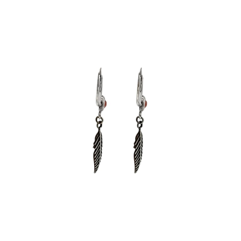Caravanas pendientes Aros pluma - Plata 925 - Coral rojo -CA3920 conpiedra