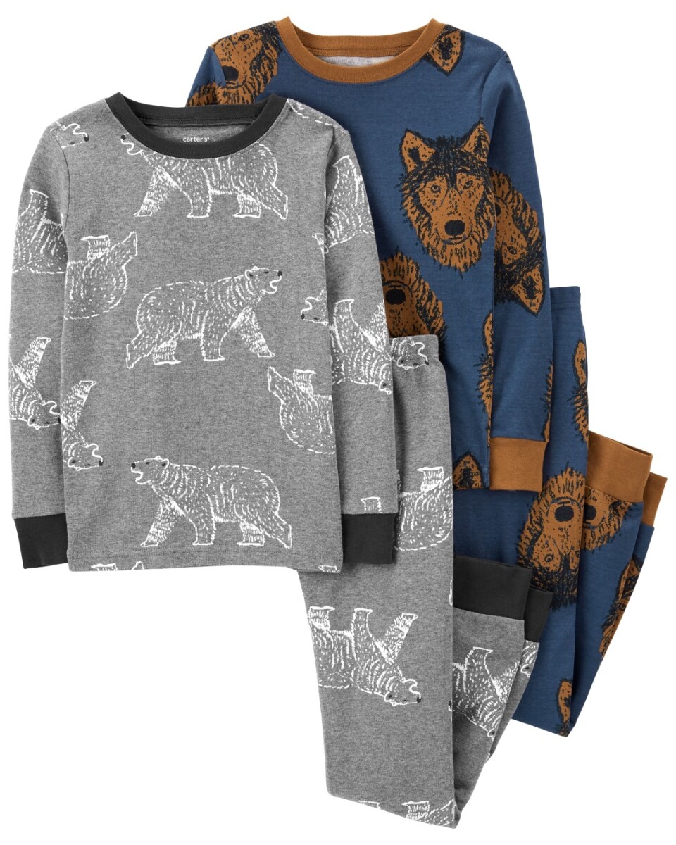 Pijama cuatro piezas de algodón diseño lobos 