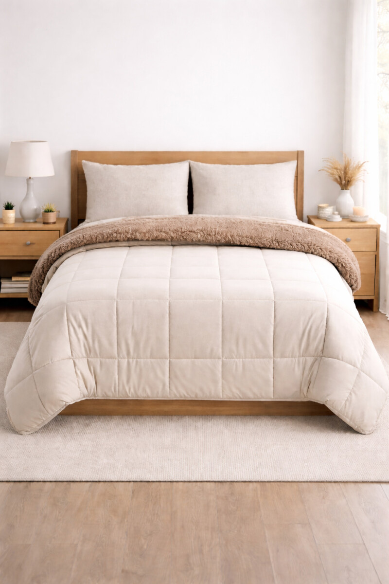 ACOLCHADO VELVET Y SHERPA 2 PLAZAS - BEIGE 