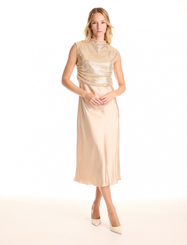 Vestido Noche Midi Satinado Con Top De Lentejuelas DORADO