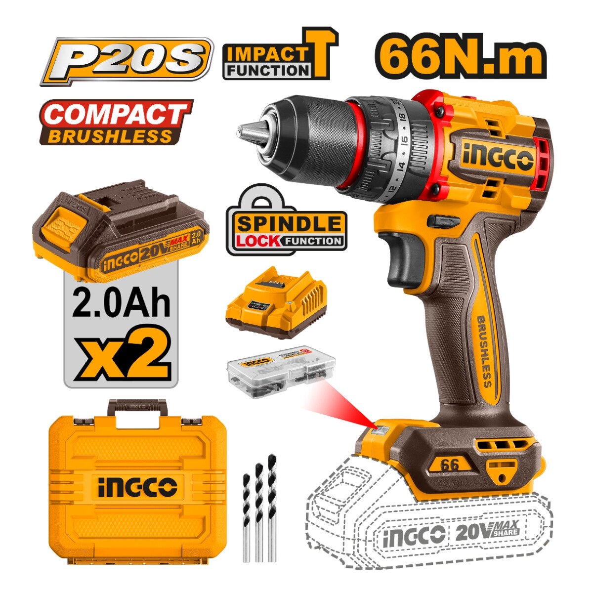 Taladro Atornillador C/percutor a Bateria 13MM Compact Brushless 20V P20S en Valija C/2 Bat + 47 Accesorios 
