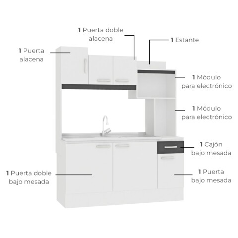 Kit de cocina compacta 6 puertas 1 cajón 150x50x190cm + Pileta TRAMONTINA Central + Monocomando Blanco / Grafito