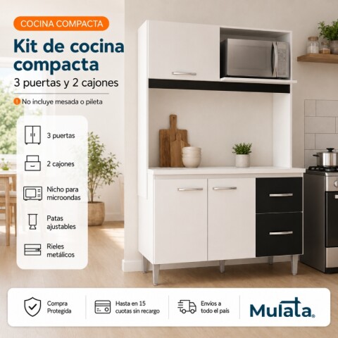 Kit de Cocina Compacta 123cm Blanco/Negro - 3 Puertas, 2 Cajones y Espacio Microondas Kit de Cocina Compacta 123cm Blanco/Negro - 3 Puertas, 2 Cajones y Espacio Microondas
