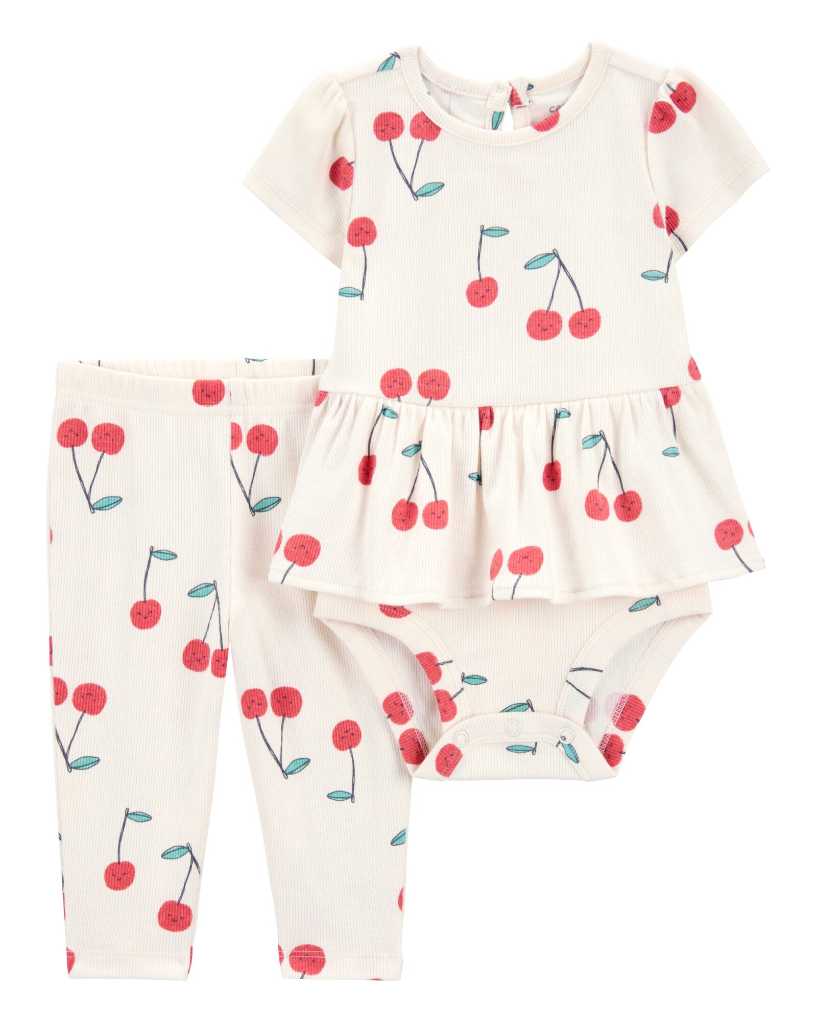 Set dos piezas de algodón, pantalón y body con volado, diseño cerezas Sin color