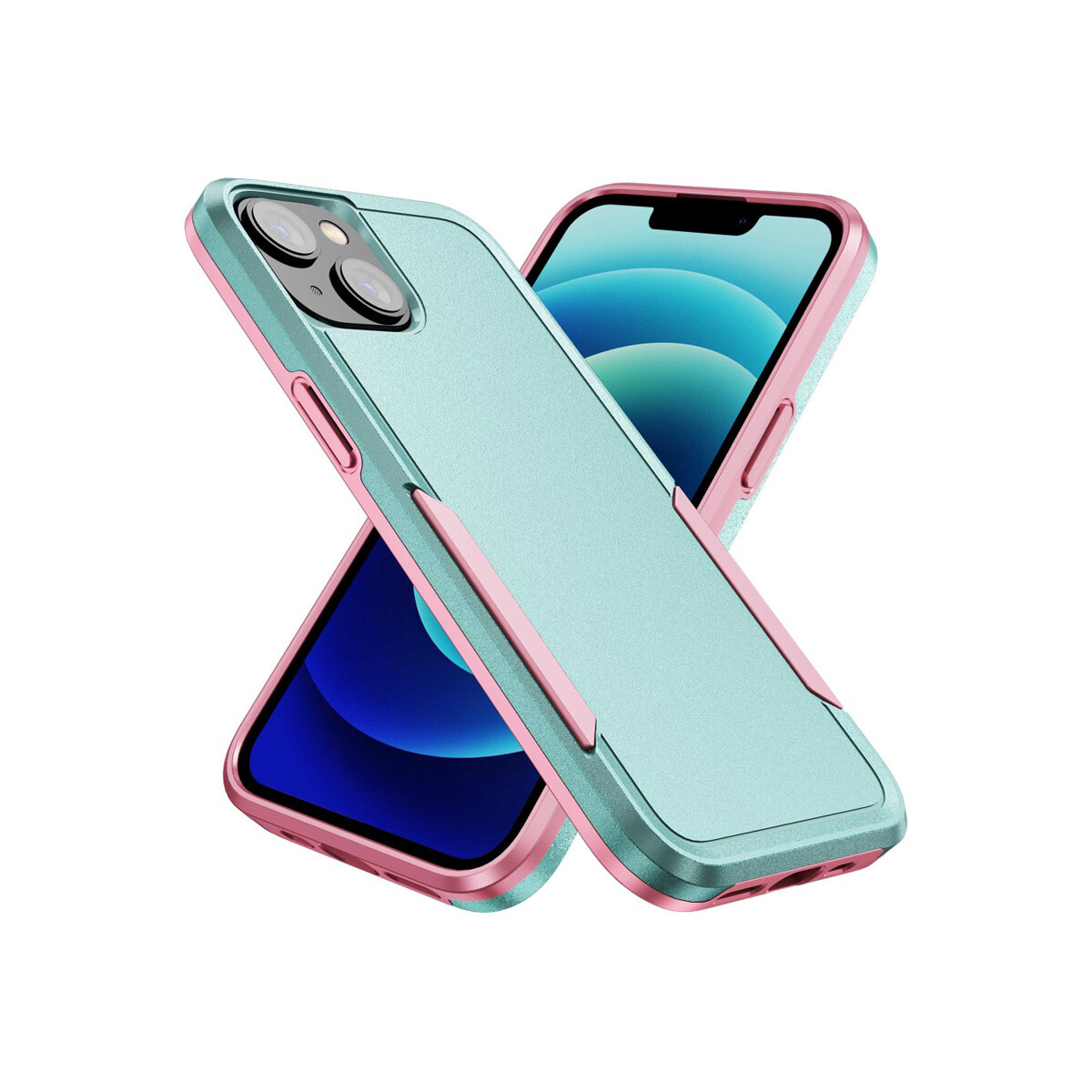 Protector rígido iPhone 13/14 color turquesa con bordes rosa 