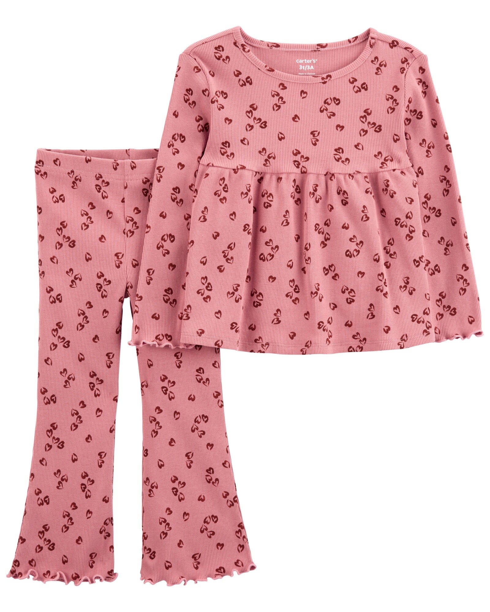 Set dos piezas de algodón acanalado, pantalón y blusa, diseño corazones Sin color