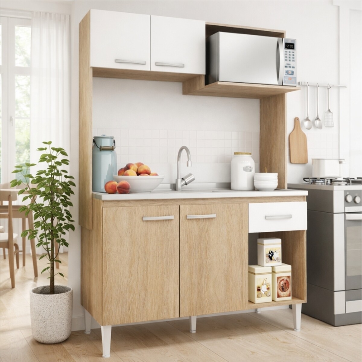 Kit de cocina compacta 4 puertas 1 cajón Patas Ajustables y Rieles Metálicos 122 x 52 x 187cm - Carvale / Blanco 