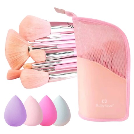 Set Maquillaje 10 Brochas Pinceles con Estuche + Esponjas Rosa