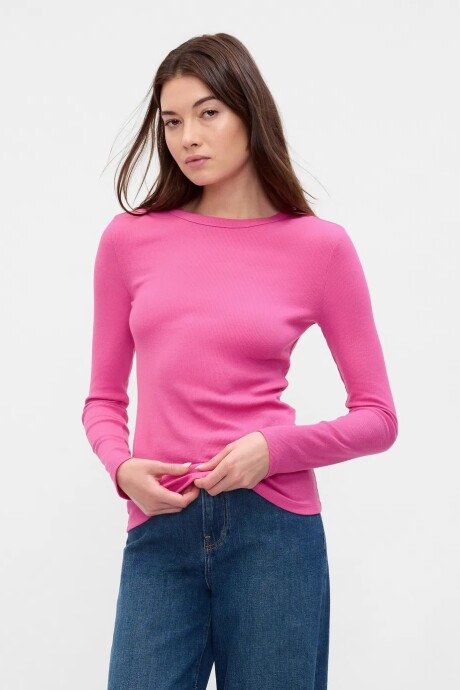 Remera Rib Manga Larga Mujer Happy Pink