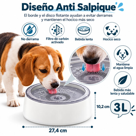 Plato Bebedero Anti Salpique Mascotas 3L Filtro Carbón Blanco