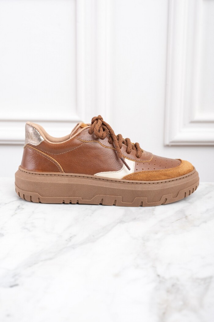 Zapatilla Combinada Cuero Marron