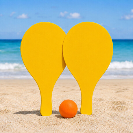 Set De 2 Paletas De Madera Para Playa + Pelota Amarillo