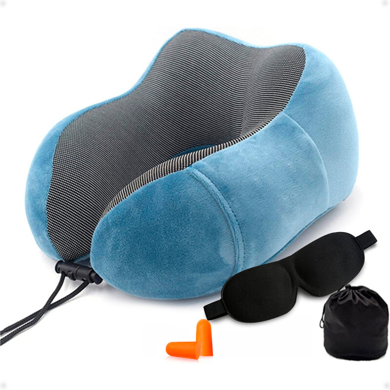 Almohada De Viaje Viscoelástica Tapa Ojos Y Tapa Oídos Azul