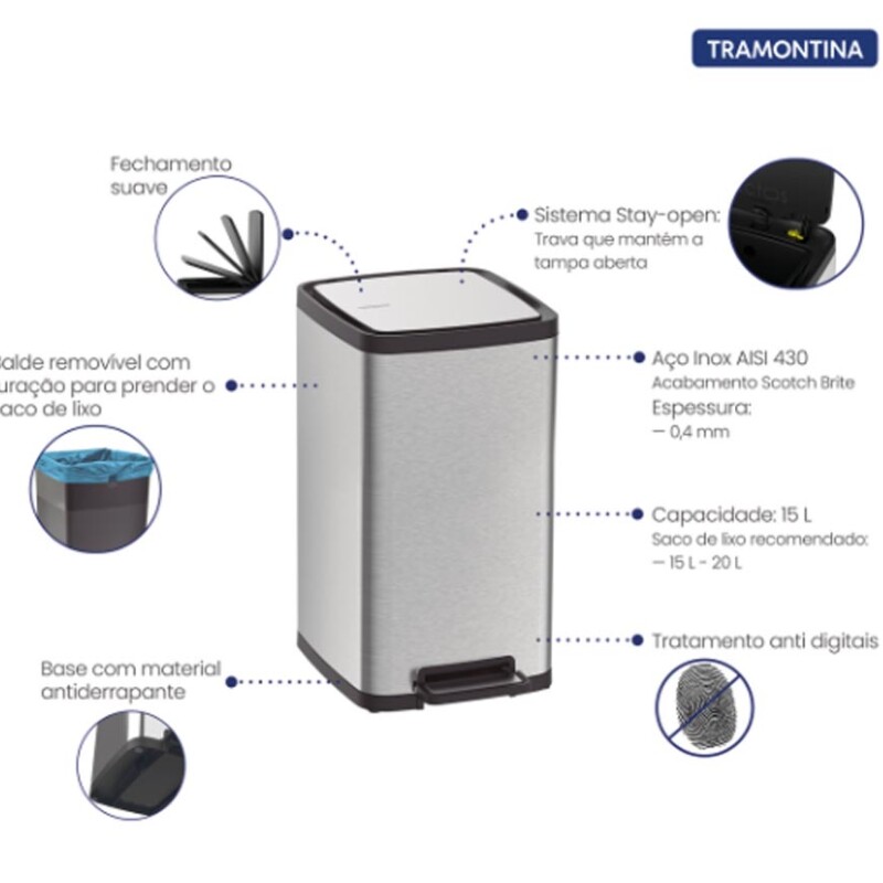 BASURERO DE ACERO INOXIDABLE 15lts - TAPA CON CIERRE SUAVE - TRAMONTINA - 94544/415 BASURERO DE ACERO INOXIDABLE 15lts - TAPA CON CIERRE SUAVE - TRAMONTINA - 94544/415