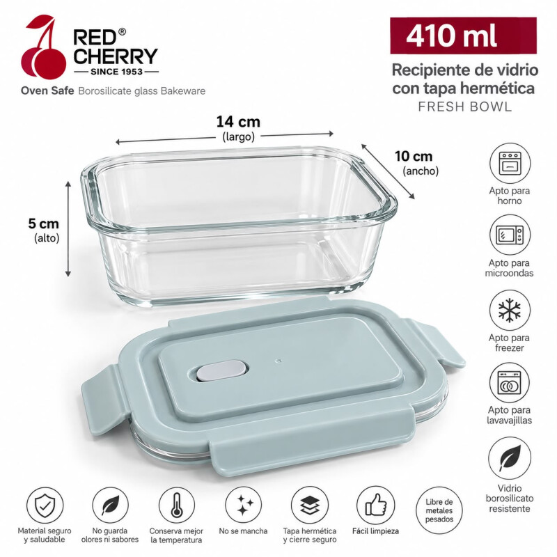 Recipiente Hermético Vidrio Borosilicato 410ml con Tapa Celeste