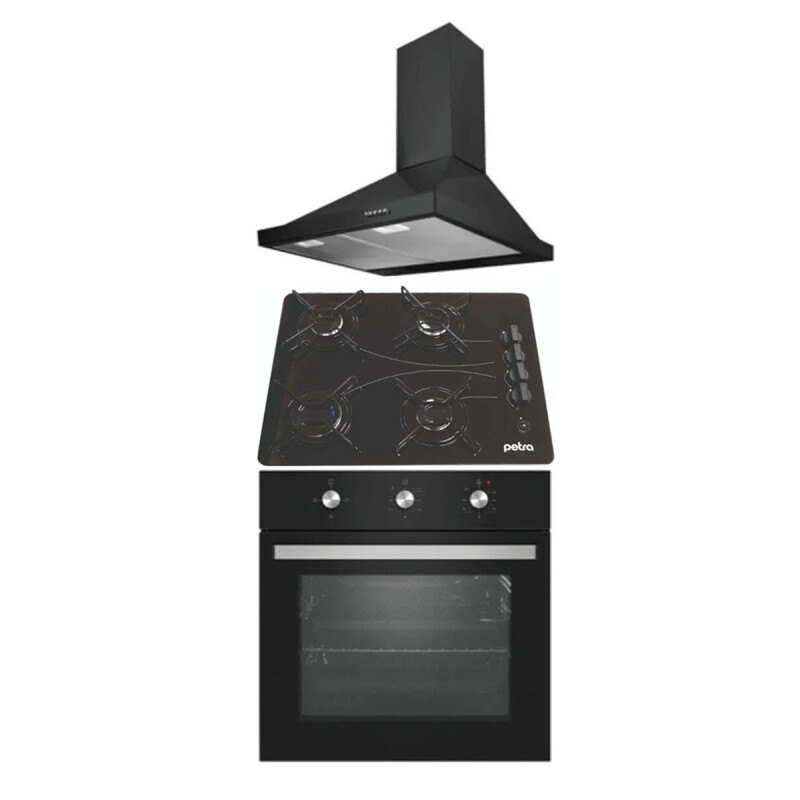 Conjunto Petra Horno Empotrar Eléctrico + Anafe Vidrio 4h + Campana Negra Conjunto Petra Horno Empotrar Eléctrico + Anafe Vidrio 4h + Campana Negra