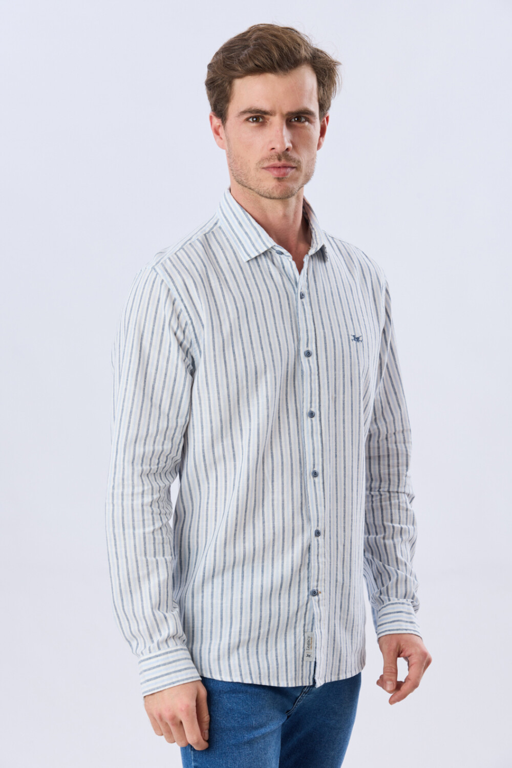 CAMISA RAYADA DE LINO Celeste