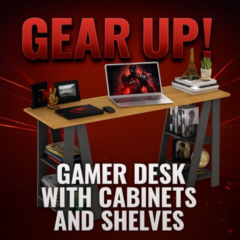 Escritorio Gamer Minimal con Caballete y Estantes – Diseño Nogal/Grafito Escritorio Gamer Minimal con Caballete y Estantes – Diseño Nogal/Grafito