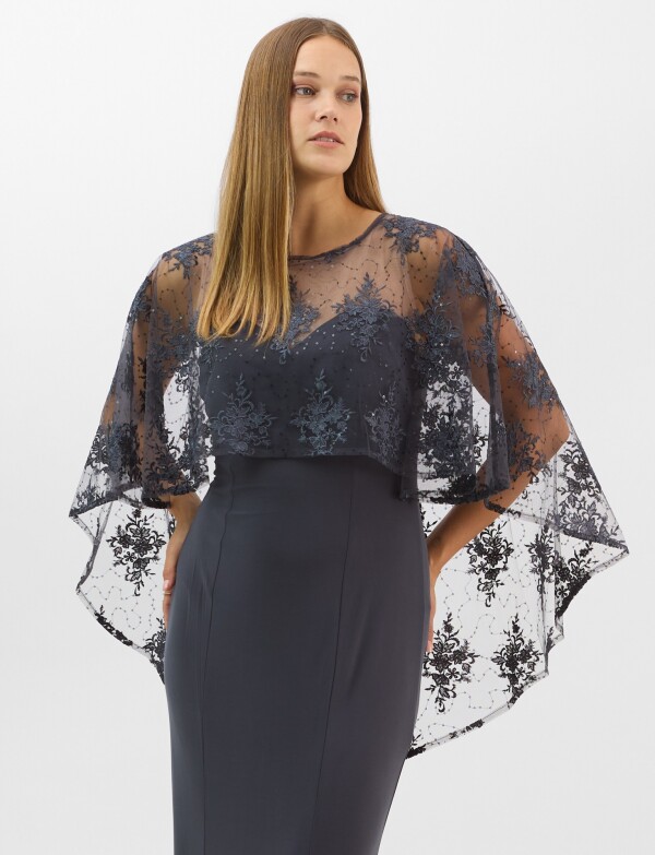 Vestido Maxi Con Capa Bordada GRIS OSCURO