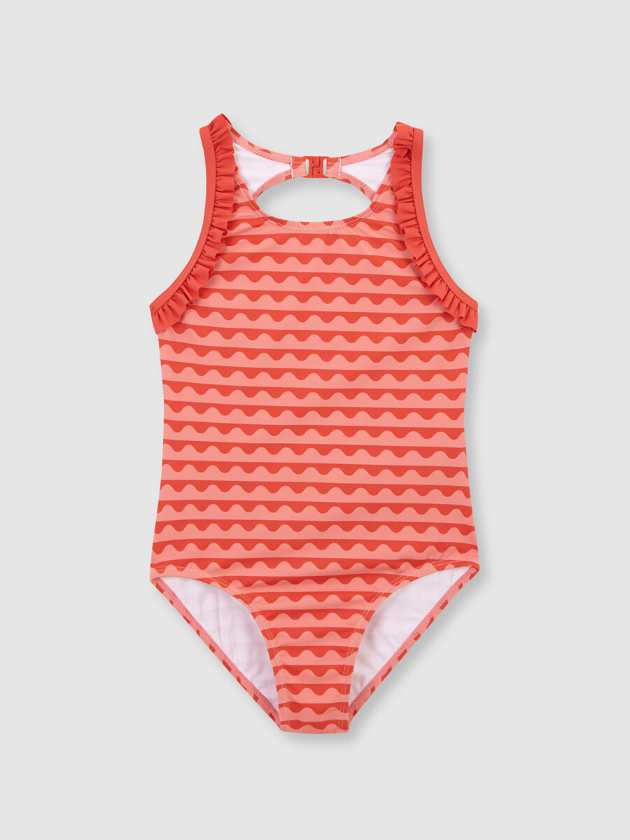 Bañador Estampado De Ondas Con Volantes Naranja
