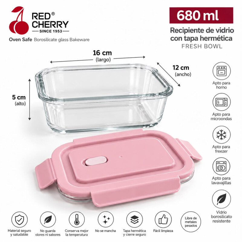 Recipiente Hermético Vidrio Borosilicato 680ml con Tapa Rosado