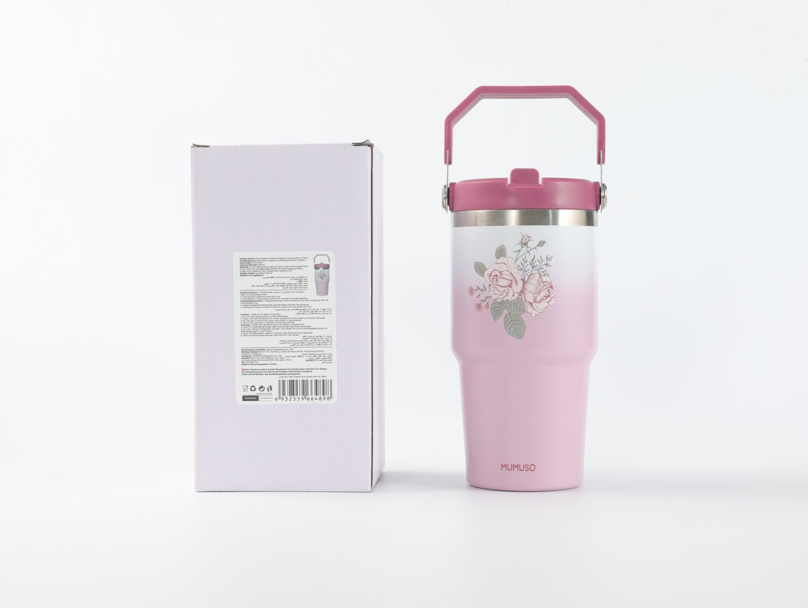 VASO TÉRMICO FLORAL PORTÁTIL (600 ML / ROSA) 