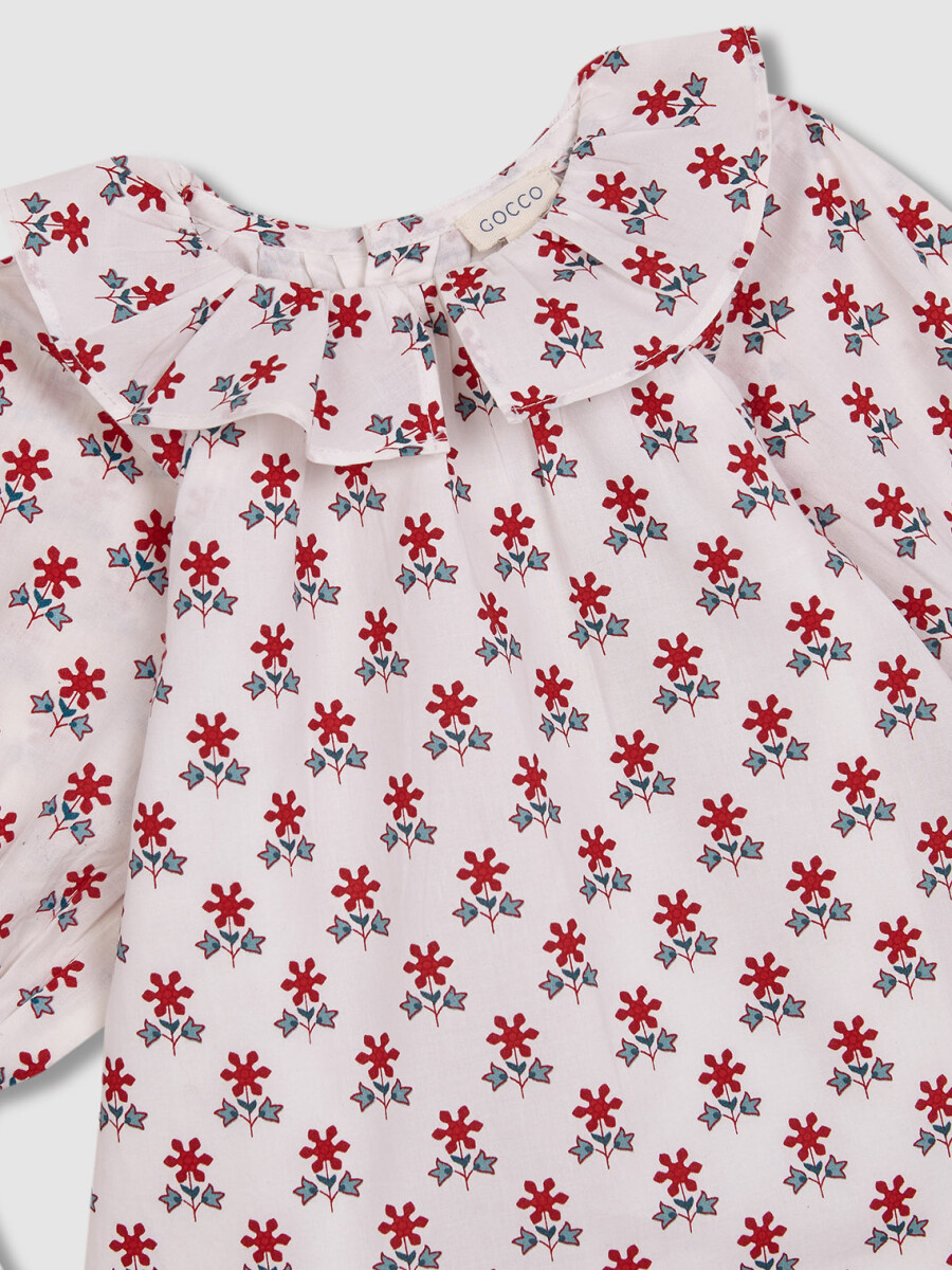Vestido Estampado Suelto Con Cuello Volante Blanco Roto