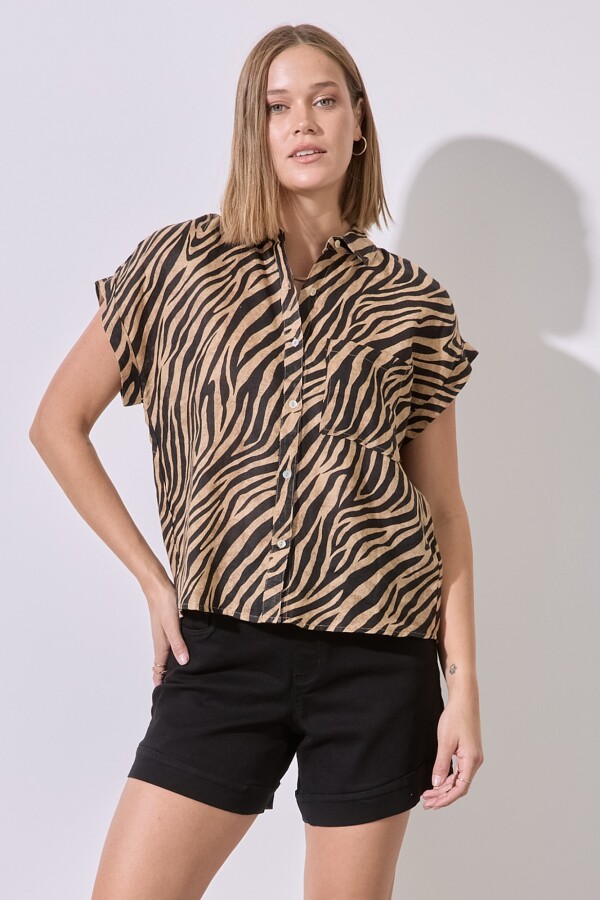 Camisa Lino Animal Print TOSTADO/MULTI